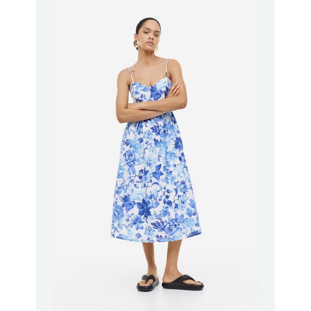 HM Womens Medium Blue Floral Linen Blend Midi Dress Sweetheart Neckline XL